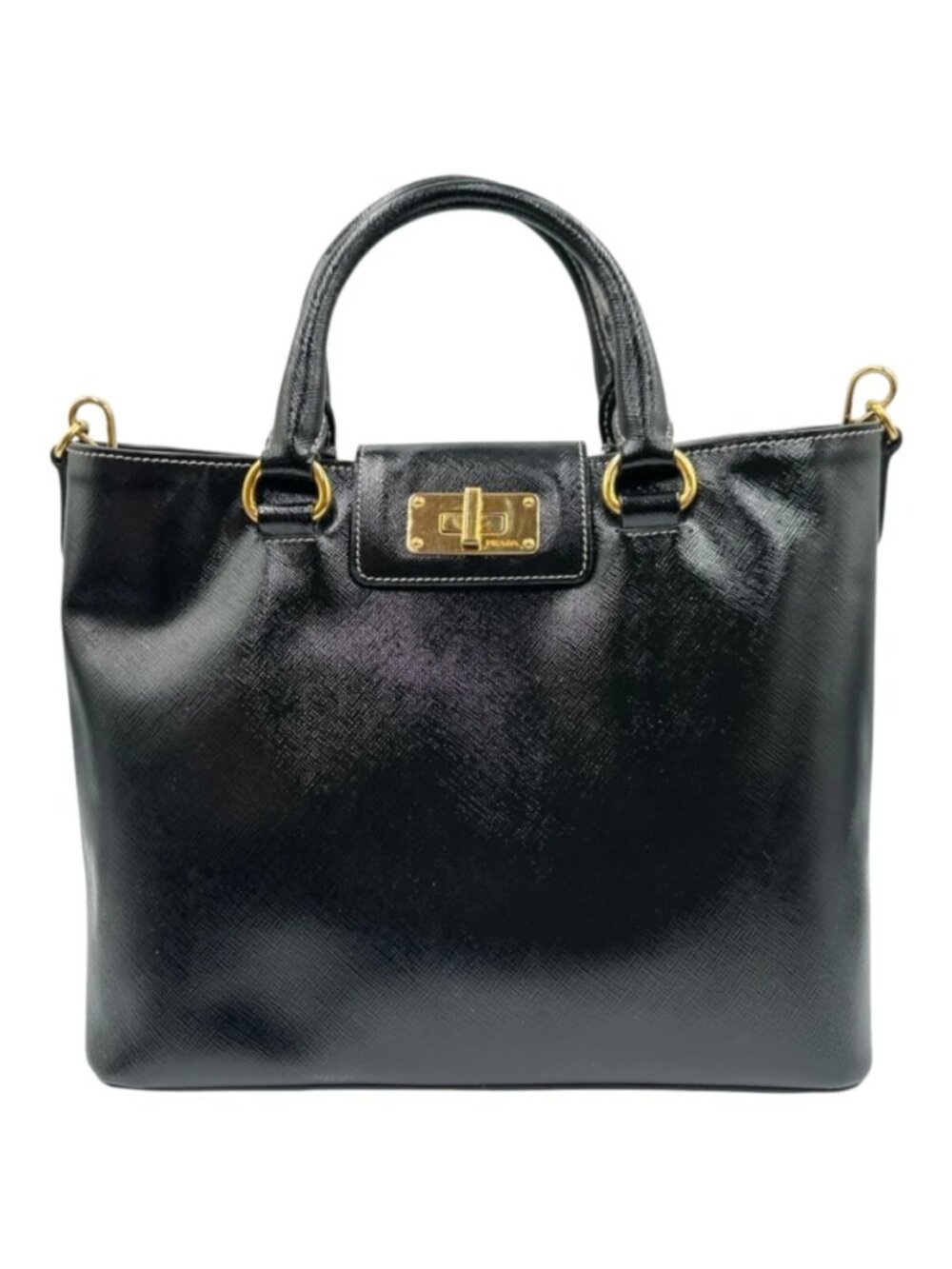 Prada Saffiano Vernice Turn-Lock Tote Bag Black - Excellent Condition W/ Dustbag